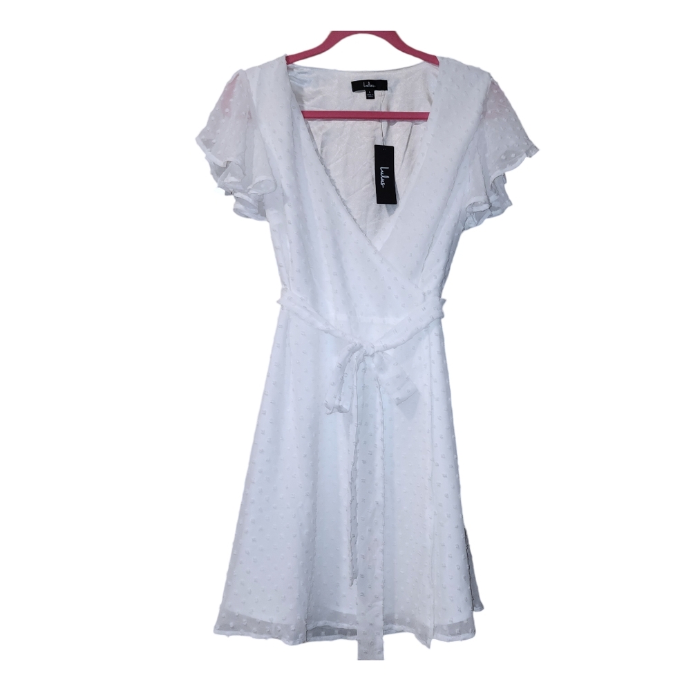 Lulus large Much to celebrate white swiss dot flutter sleeve wrap mini dress Nwt - Picture 1 of 5